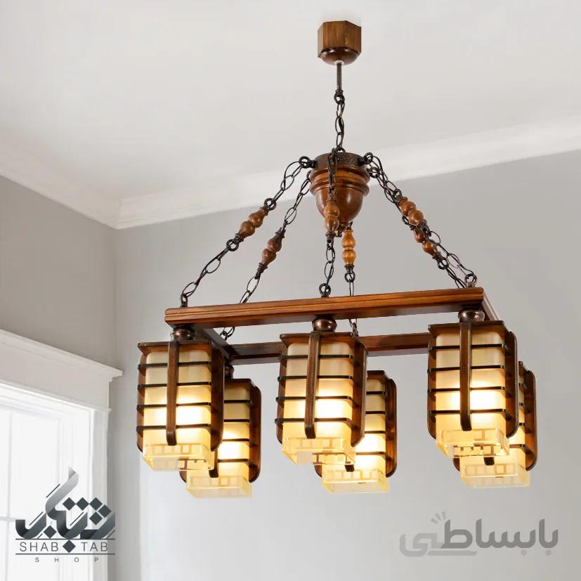 لوستر چوبی شش شعله دارکار مدل منچستر سر پایین کد 271