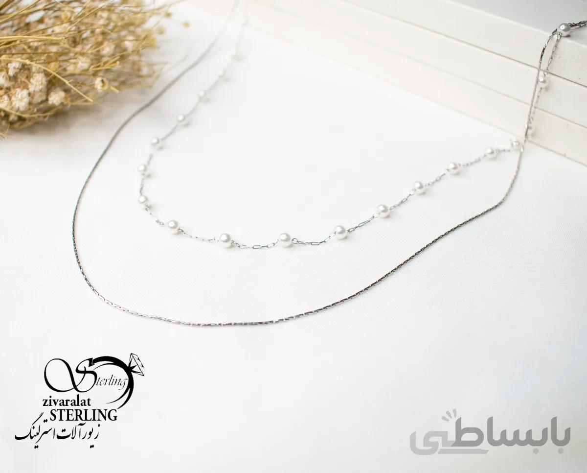گردنبند زنانه استیل دو زنجیره ماری و مروارید
