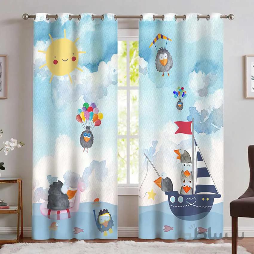 پرده چاپی سه بعدی طرح فانتزی کلاغ ها در قایق و دریا CS-1221