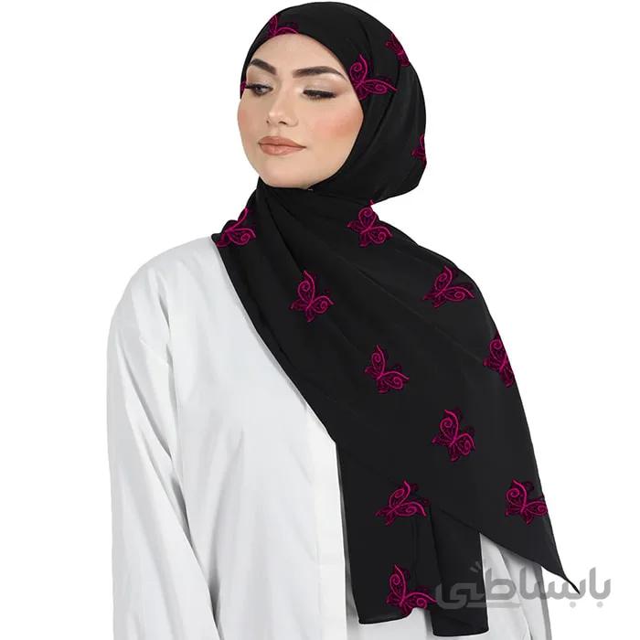 شال حریر مشکی گلدوزی پروانه صورتی