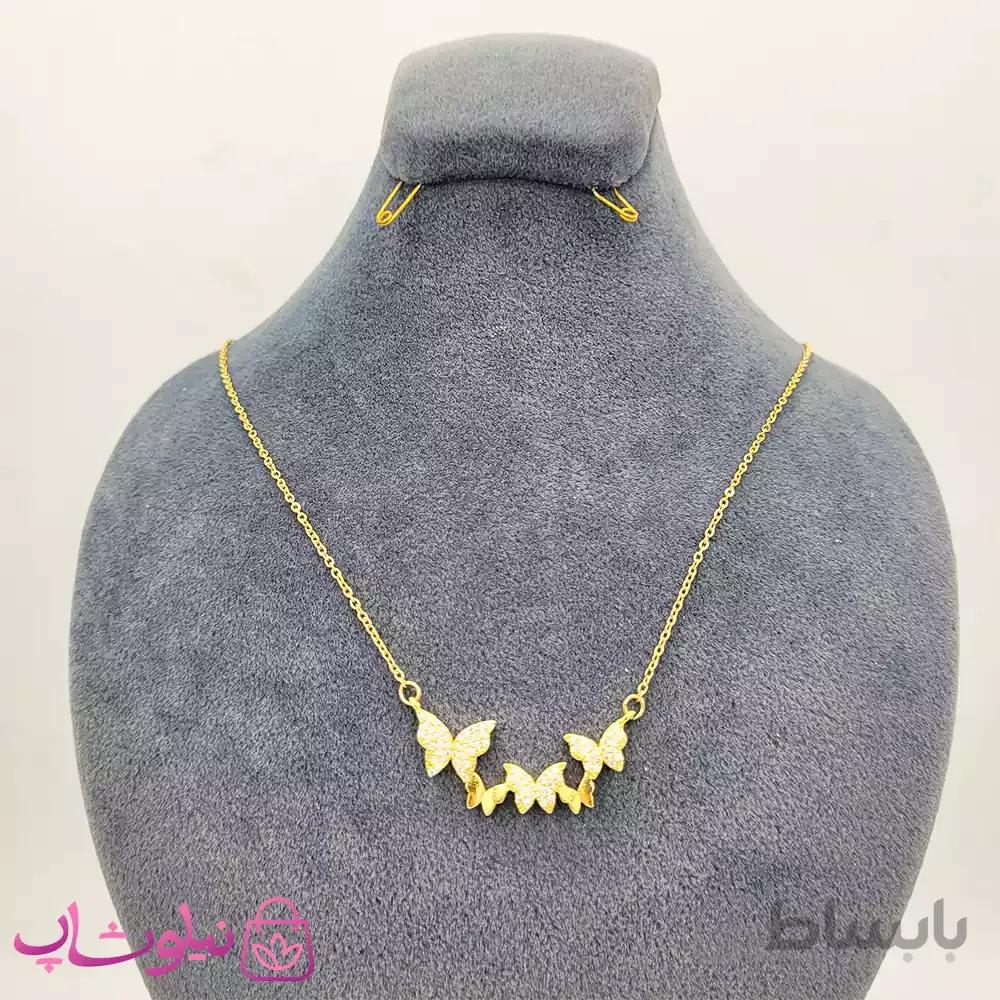 گردنبند زنانه استیل طرح سه پروانه طلایی کد 2493