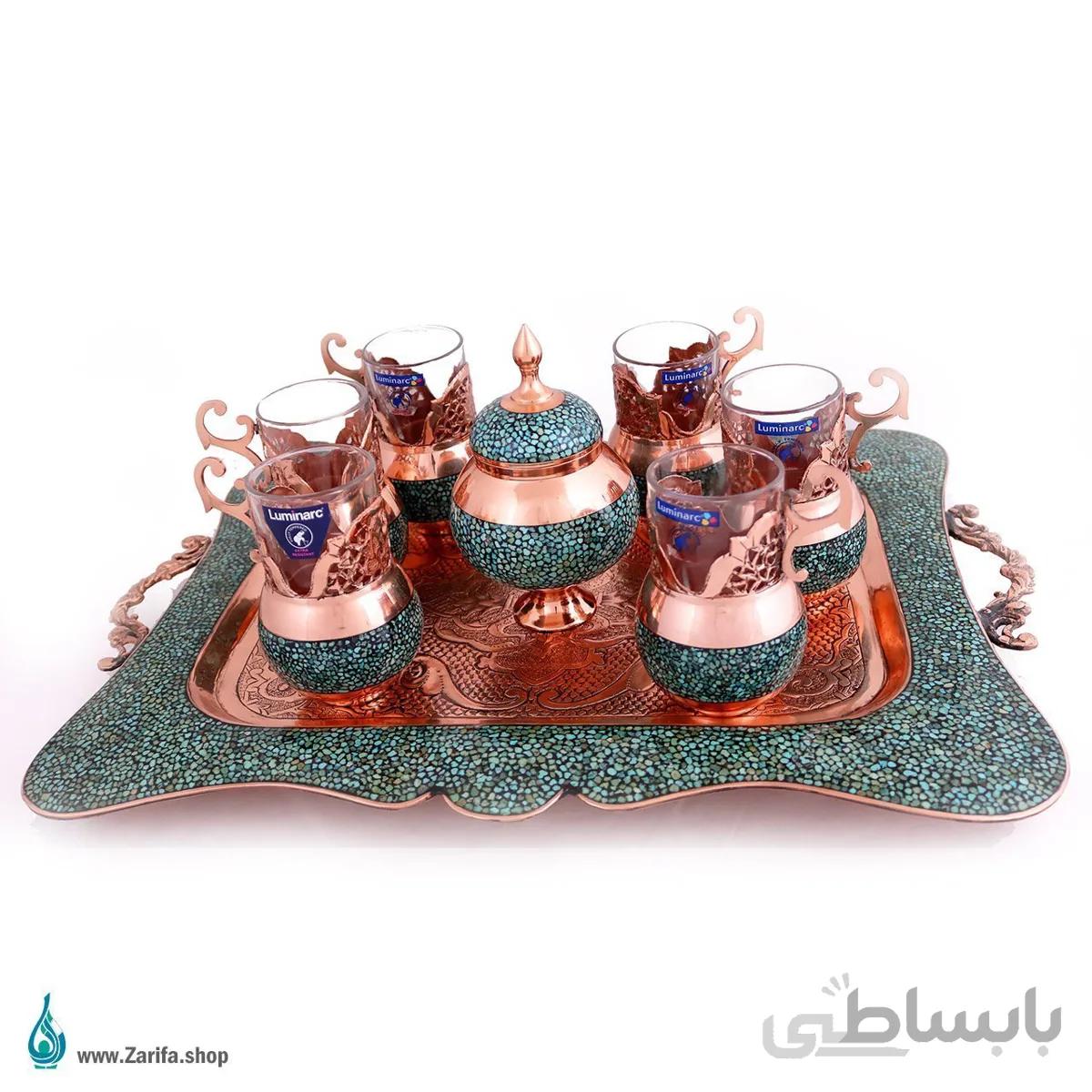 سرویس چای خوری فیروزه کوب – مس و فیروزه نیشابور ۸ پارچه