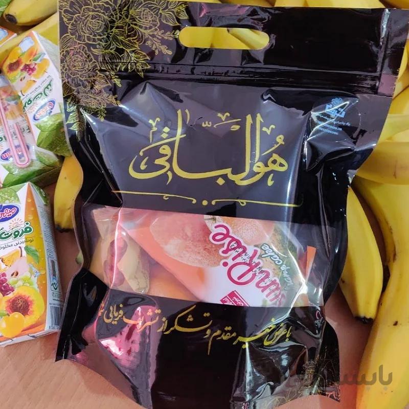 پک پذیرایی لاکچری ترحیم (آب میوه، کیک، موز درجه یک، پرتقال، سیب قرمز و خرمای مغزدار شکلاتی)