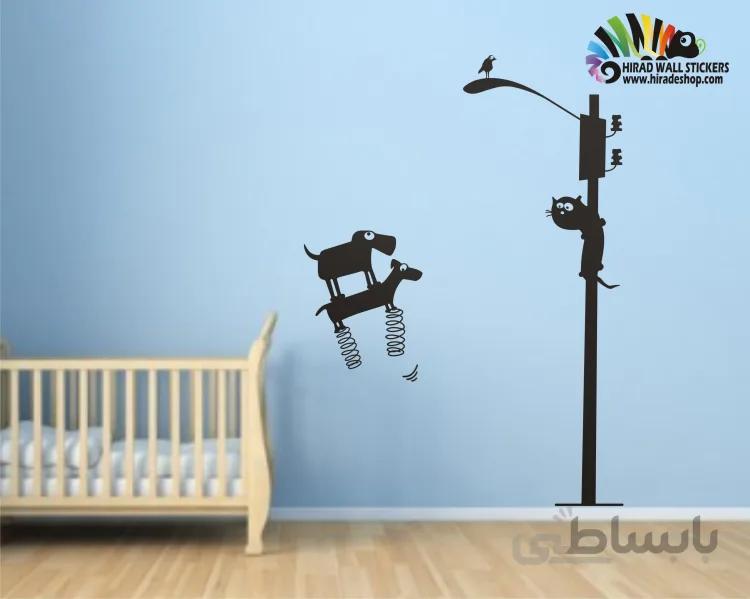 استیکر و برچسب دیواری گربه و سگ فنردار و چراغ کد h221
