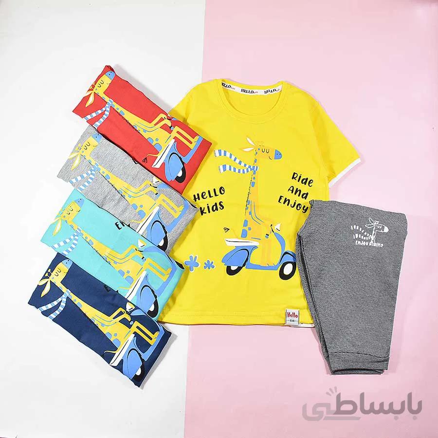 تیشرت شلوارک پسرانه بچه گانه زرافه موتور سوار 2211