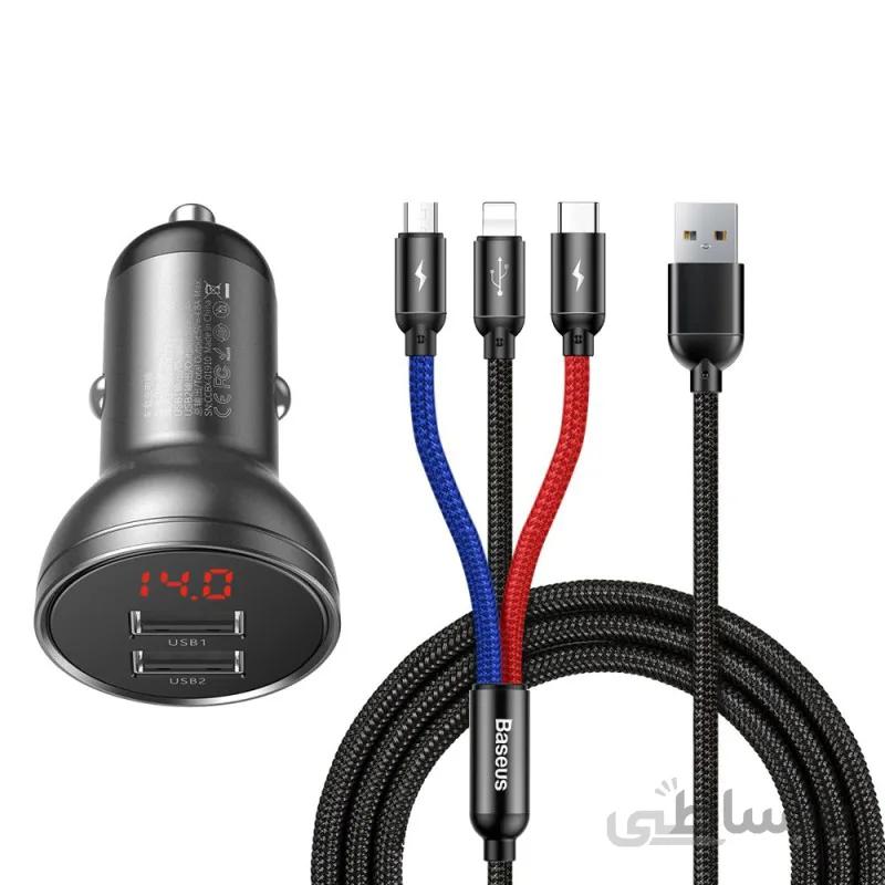 شارژر فندکی دو پورت و کابل سه سر بیسوس Baseus Digital Display Car Charger With 3in1 USB Cable TZCCBX-0G
