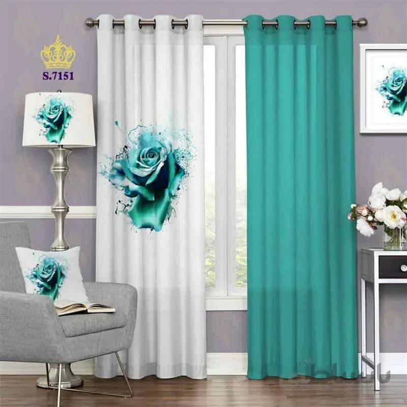 پرده پانچی کد 7151-3d-b طرح سه بعدی تک گل آبی