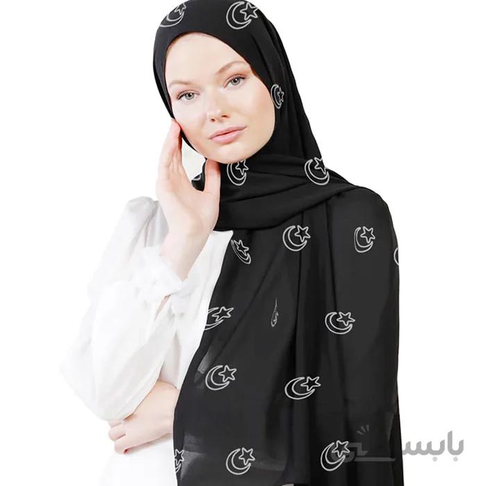 شال حریر مشکی گلدوزی ماه سفید