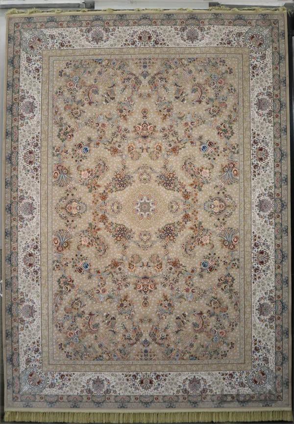 فرش کاشان 1200 شانه طرح باغ گل بژ