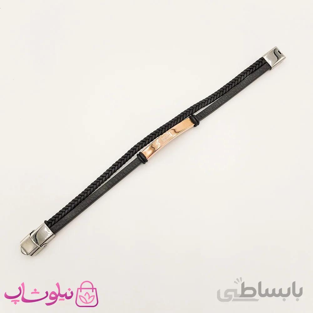 دستبند مردانه چرم و استیل مون بلان رزگلد مشکی