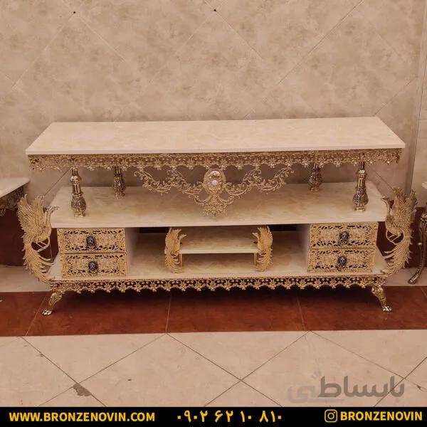 میز تلویزیون برنز ۴ کشو ۴ طاووس گل نقلی تاج دار