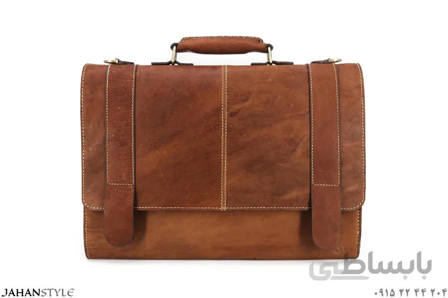 کیف اداری چرم طبیعی شتری قهوه‌ای
