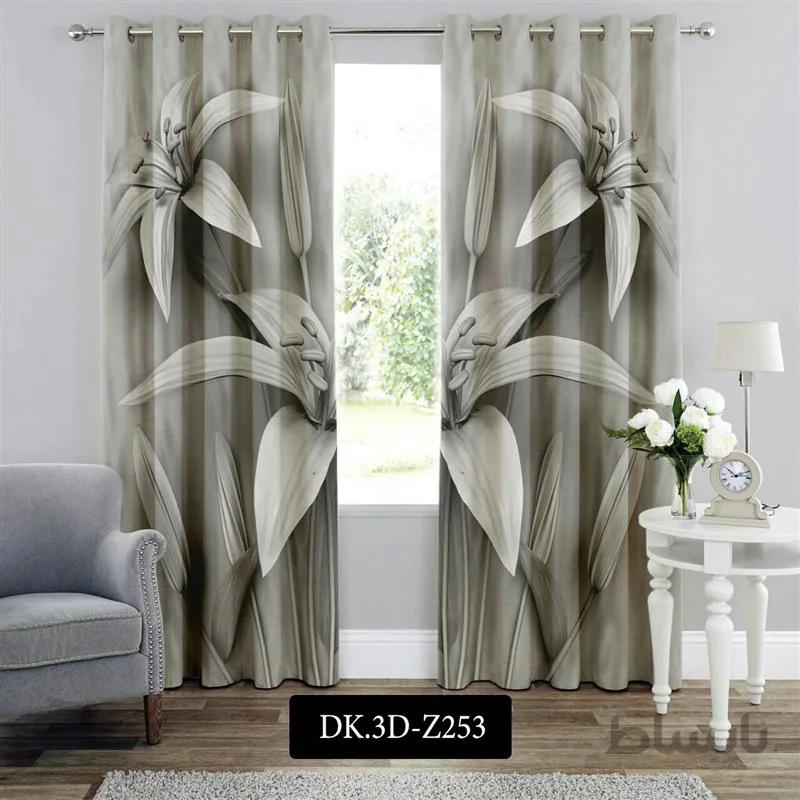 پرده پانچی (هازان و مخمل)کد DK.3D.Z253 طرح سه بعدی گل های خاکستری