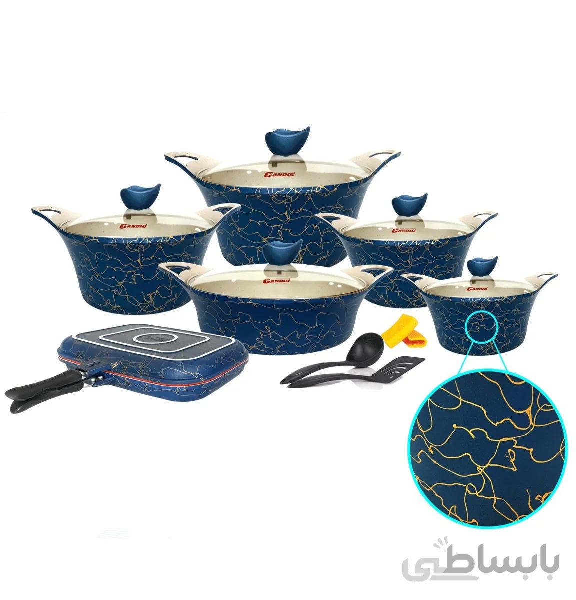 سرویس قابلمه 15 پارچه گرانیتی کاندید مدل کاپری سرمه ای طلایی