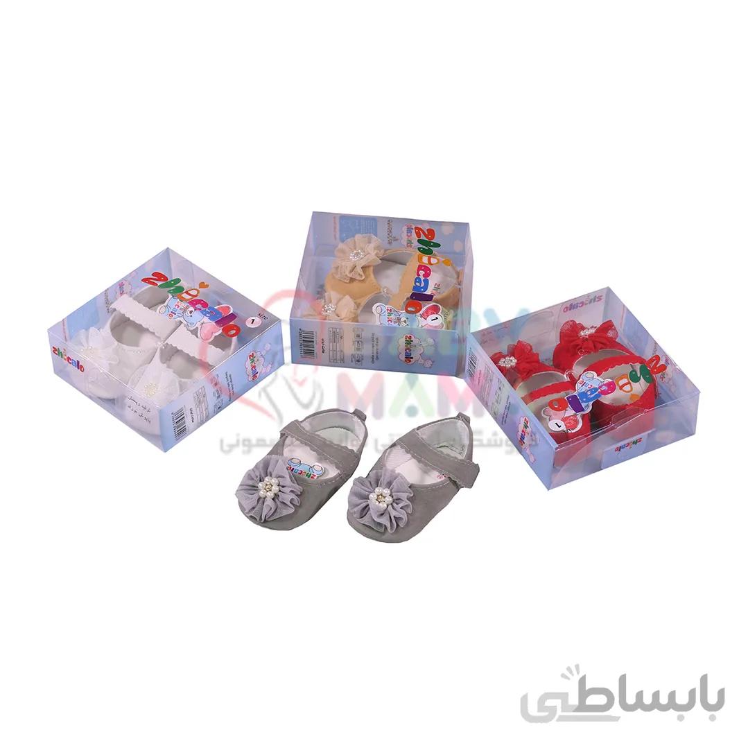 پاپوش نوزادی دخترانه چسبی مخمل مدل گلدار