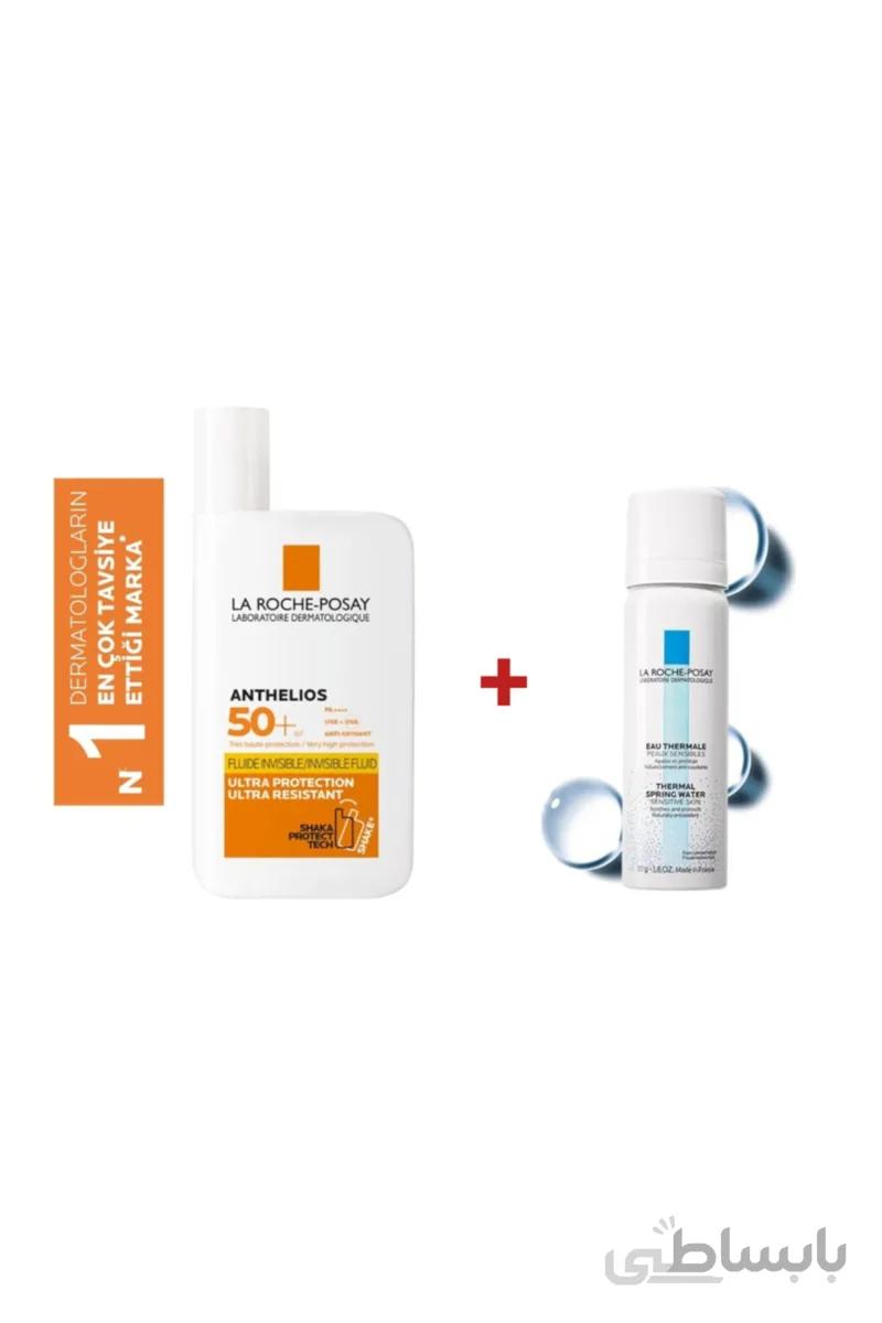 La Roche Posay کرم ضد آفتاب صورت ضد مایع Anthelios Invisible Fluid Face Skf50 + 50 میلی لیتر + آب گرم ۵۰ میلی لیتر