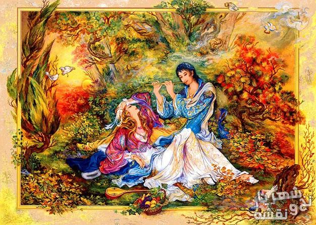نخ و نقشه تابلو فرش طرح مینیاتور نوای نی با رنگبندی شاد و گرم کد sh-100