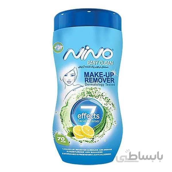 دستمال مرطوب پاک کننده آرایش نینو حاوی عصاره لیمو و آلوئه ورا مدل کمر باریک بسته 70 عددی