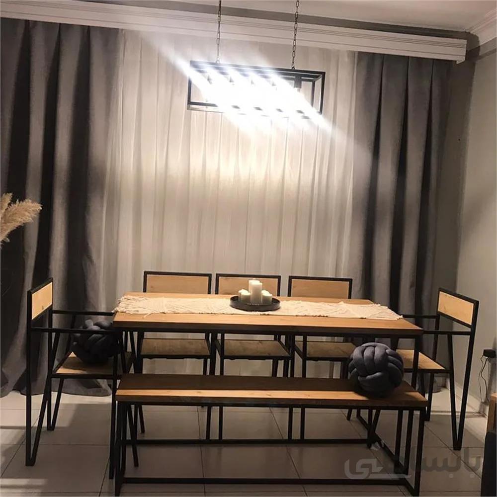 سرویس هشت نفره ، میز، صندلی، نیمکت غذا خوری، چوب و فلز ا Eight-seater service, table, chairs, dining bench, wood and metal