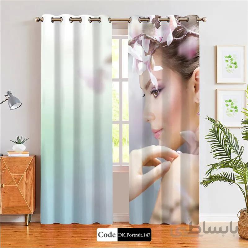 پرده پانچی (هازان و مخمل) کد DK.Portrait.147 طرح چهره زن و شکوفه درختان