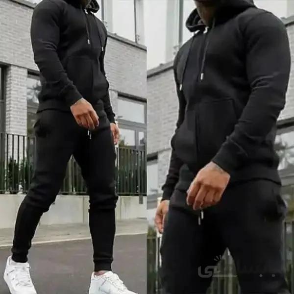 ست مردانه کد 140 هودی زیپ دار و اسلش جنس دورس ضخیم رنگ مشکی ا Men's zippered and slash hood set made of thick black dorsi code 140