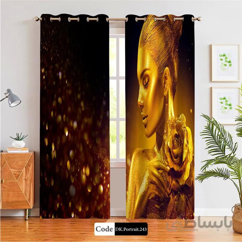 پرده پانچی (هازان و مخمل) کد DK.Portrait.243 طرح چهره زن و گل طلایی