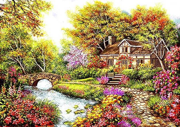 نخ و نقشه طرح منظره زیبا و کلبه کد 1282