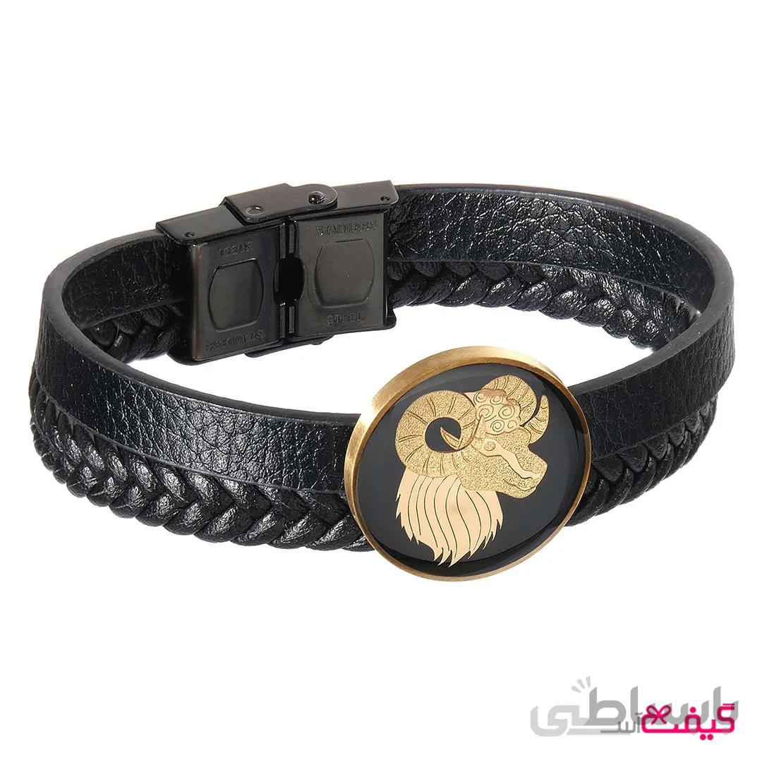 دستبند مردانه چرم با ورق طلا فروردین