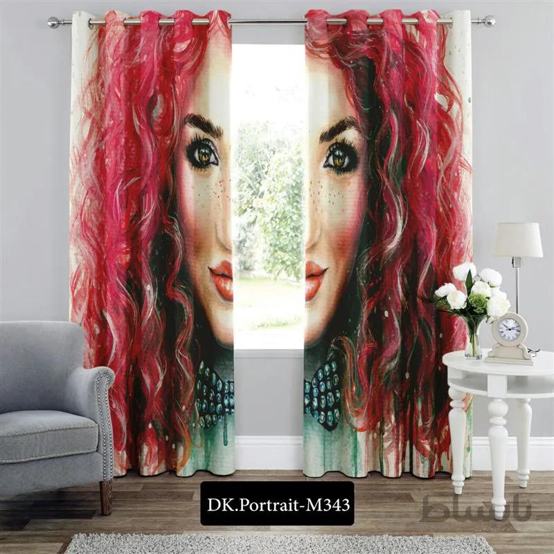 پرده پانچی (هازان و مخمل) کد DK.Portrait.M343 طرح چهره مو قرمز فرفری