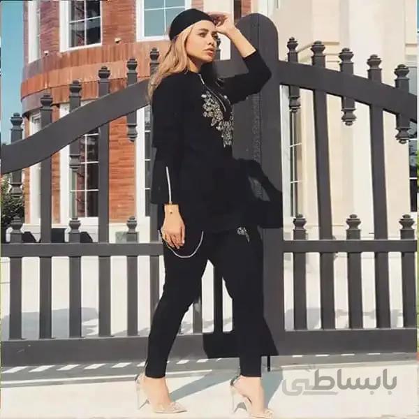 ست زنانه کد 212 سویشرت و شلوار طرح گل جنس دورس رنگ مشکی ا Women's set code 212 Sweater and pants with flower design made of black Dors