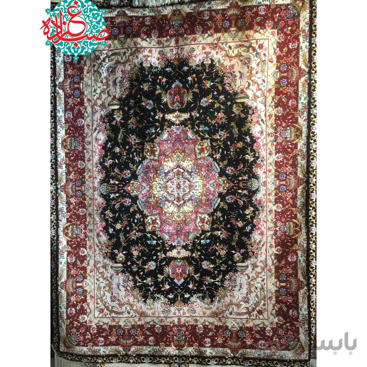 فرش دستبافت تبریز طرح نشاط گل ابریشم چله ابریشم مشکی