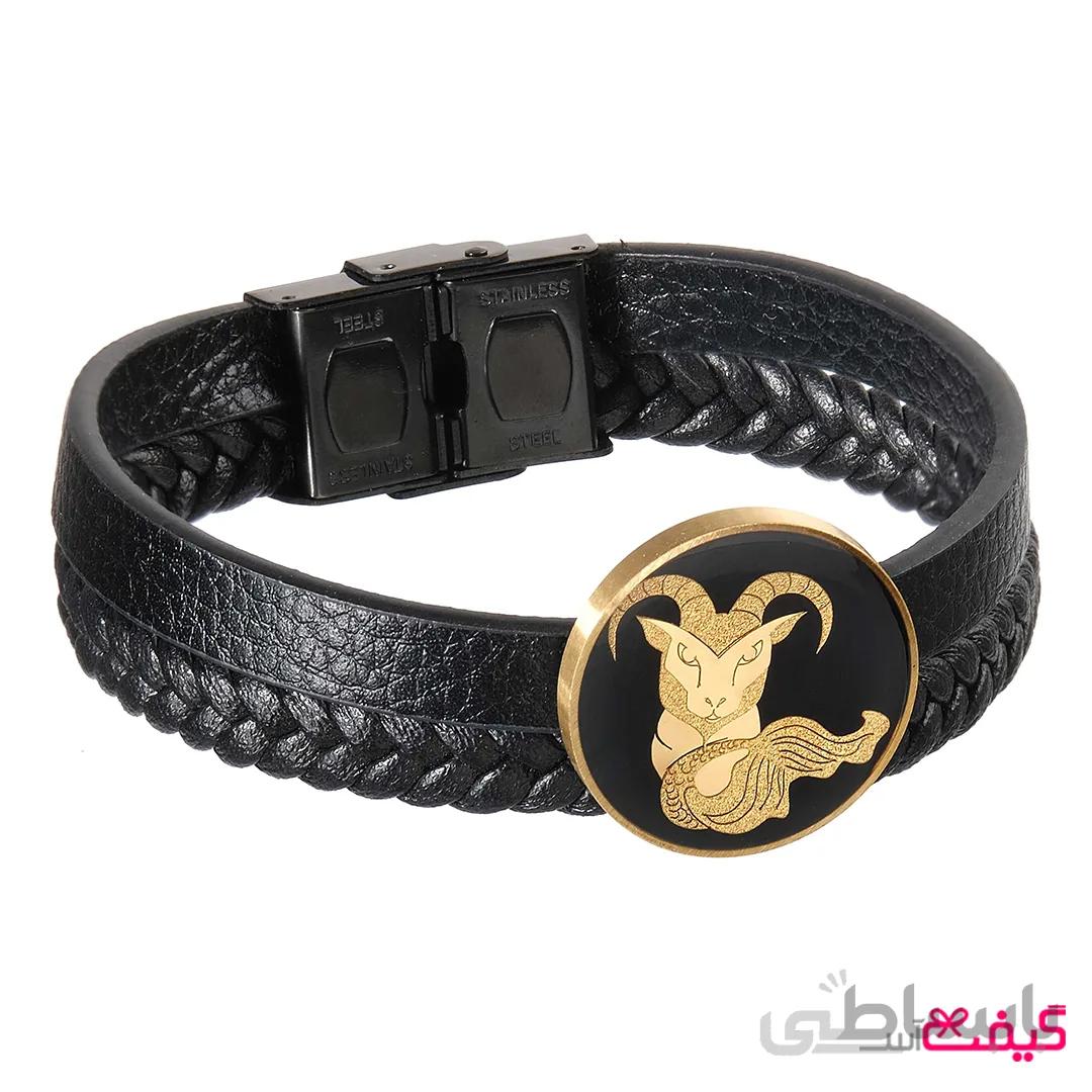 دستبند مردانه چرم با ورق طلا ماه دی