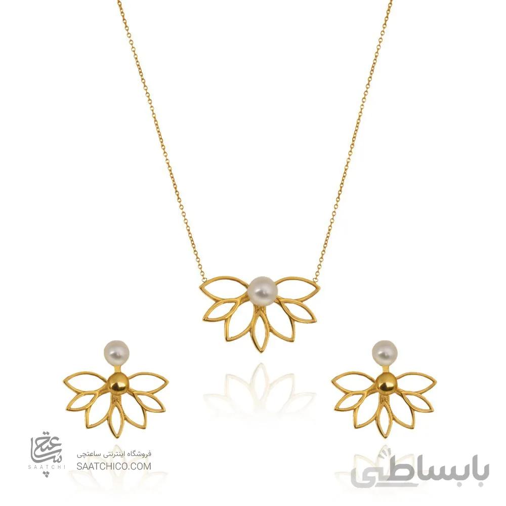 نیم ست طلا زنانه طرح لوتوس با مروارید کد XS205