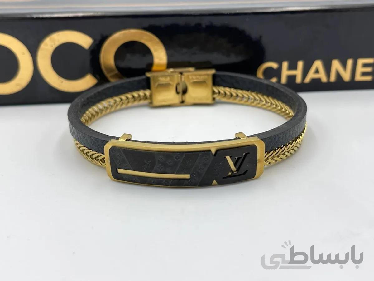 دستبند چرم لویی ویتون مردانه مشکی طلایی