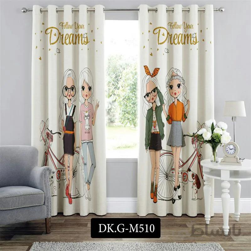 پرده پانچی (هازان و مخمل) کد DK.G.M510 طرح دخترانه دختران و دوچرخه