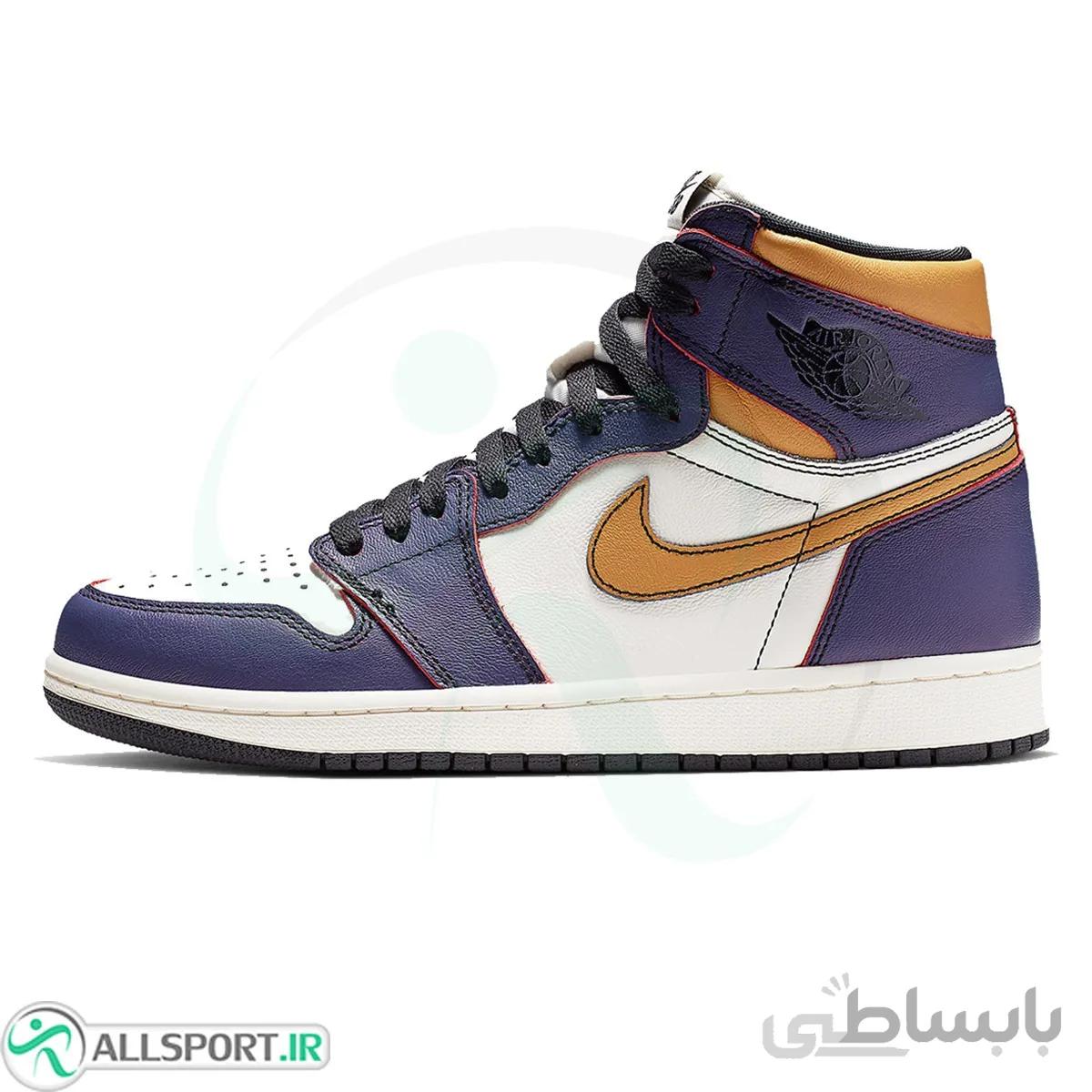 کتانی رانینگ نایک طرح اصلی زرد سفید آبی Nike Air Jordan 1 Retro High OG Defiant SB LA to Chicago