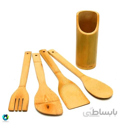 ست کفگیر و قاشق چوبی بامبو با استند ا چوب بامبو