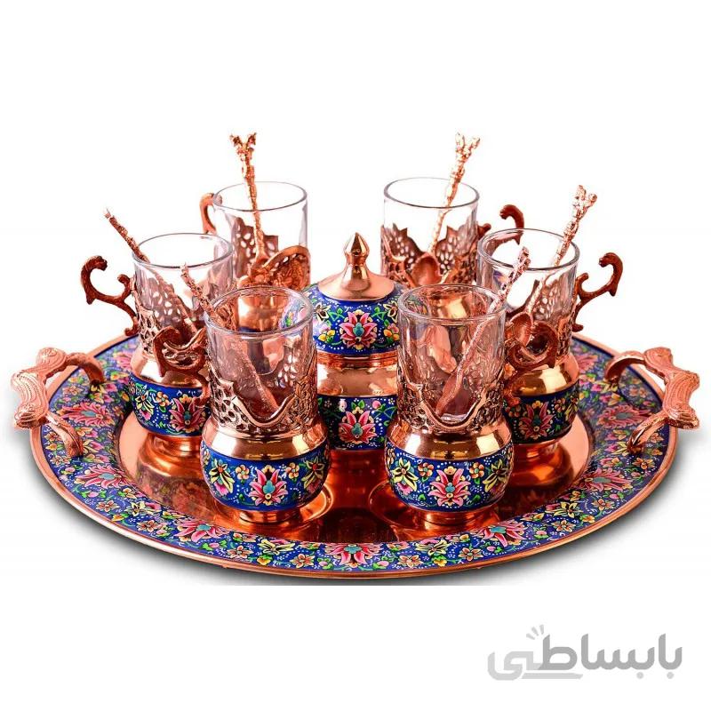 سرویس چای خوری سینی گرد مس و پرداز