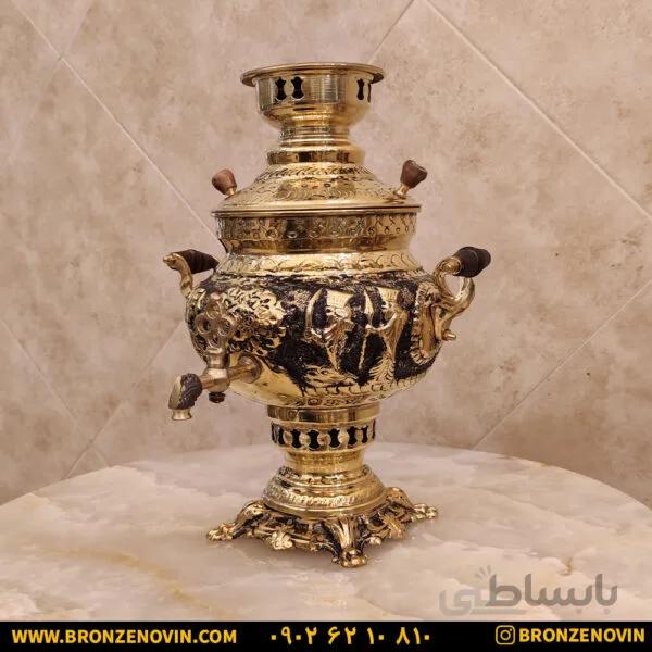 سماور زغالی برنجی ۴ لیتری هخامنش قلم زرد کد ۴۲۱