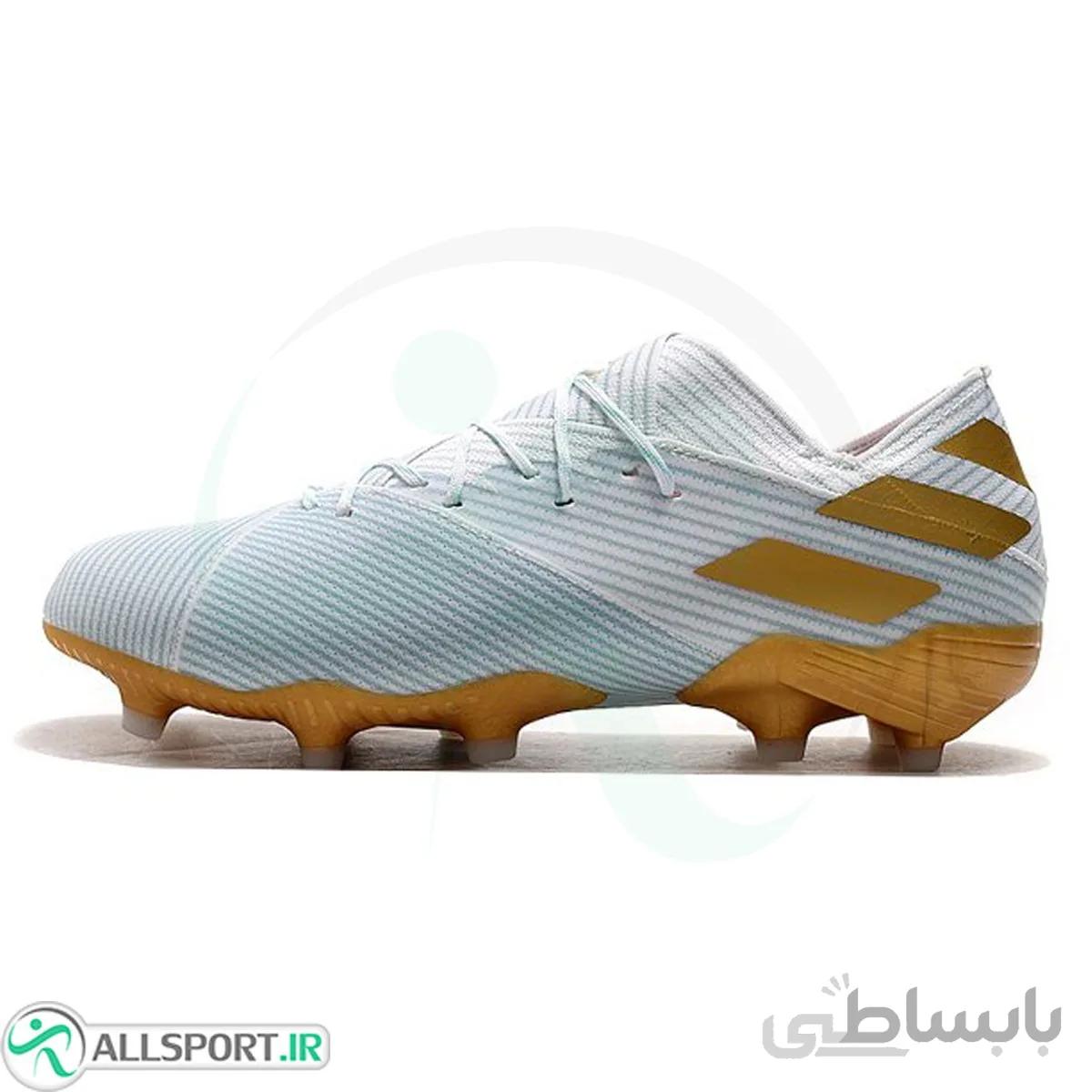 کفش فوتبال آدیداس نمزیز طرح اصلی سفید طلایی Adidas Nemeziz 19.1 FG White Gold