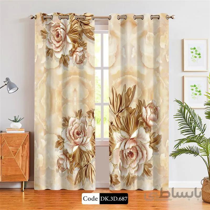 پرده پانچی (هازان و مخمل)کد DK.3D.687 طرح سه بعدی گل های طلایی