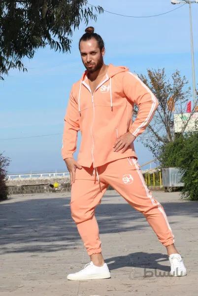 ست مردانه کتان کش ا Pair set of hoodies and pants made of Dors, two threads in full-length fluff, code 161