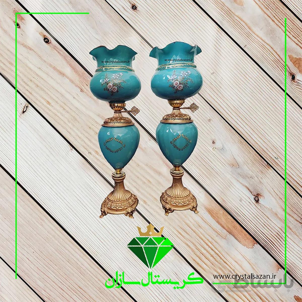 چراغ نفتدان لب چین مدل رز فیروزه ای رنگ کریستال سازان کد N1288