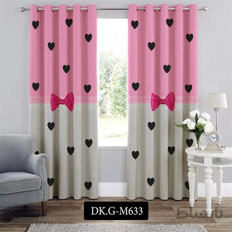 پرده پانچی (هازان و مخمل) کد DK.G.M633 طرح دخترانه قلب و پاپیون