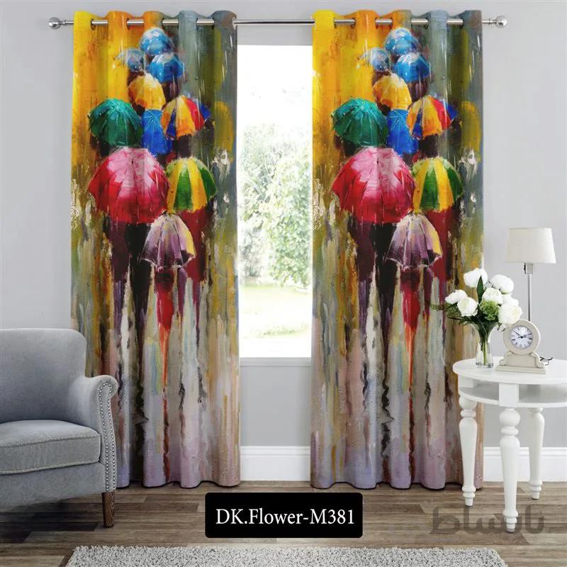 پرده پانچی (هازان و مخمل)کد DK.Flower.M381 طرح گل و منظره چترهای رنگارنگ