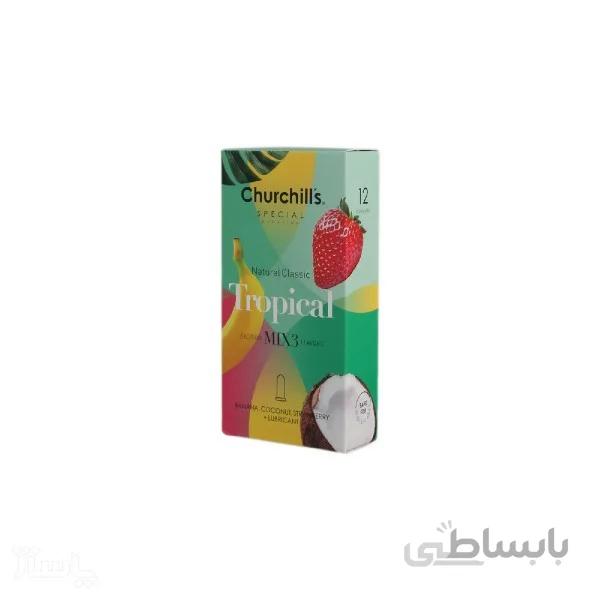 کاندوم چرچیلز مدل Tropical حاوی اسانس نارگیل و موز و توت فرنگی تعداد 12 عدد ا Churchills Tropical Condoms 12PSC