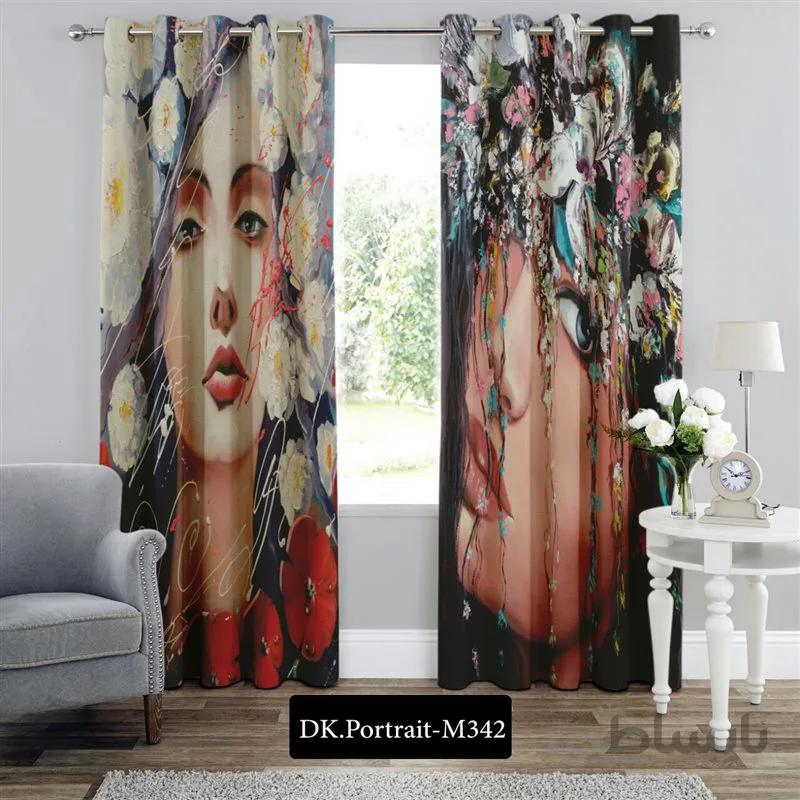 پرده پانچی (هازان و مخمل) کد DK.Portrait.M342 طرح چهره دختر در میان گلها