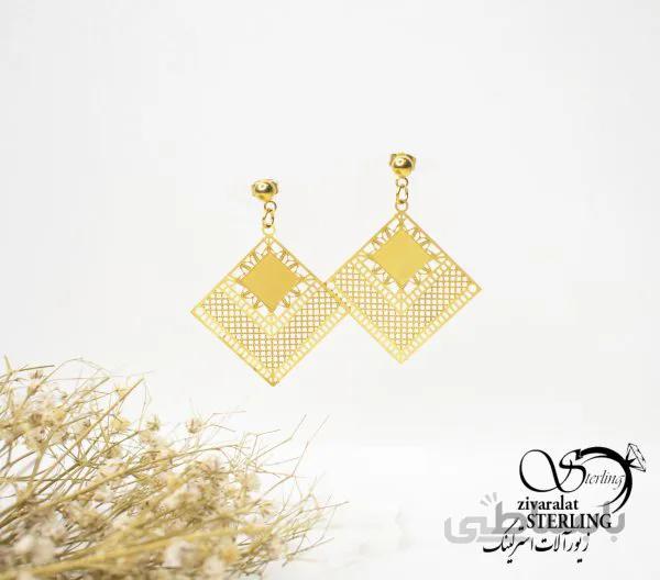 گوشواره آویز طرح لوزی طلایی