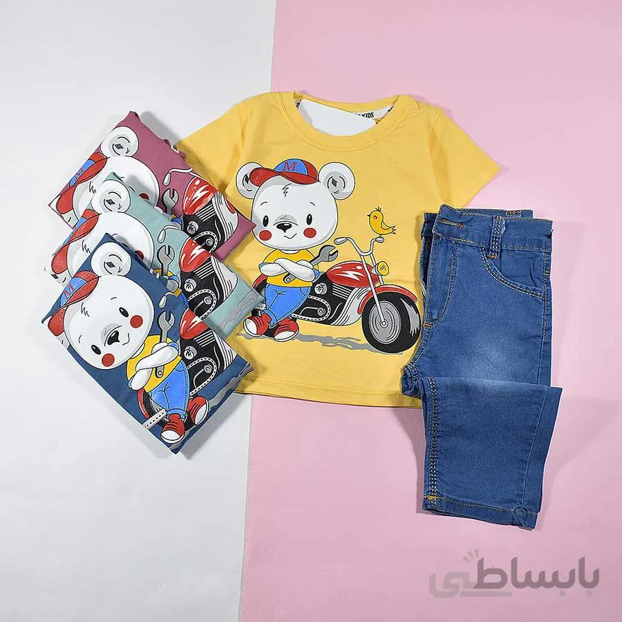 تیشرت شلوارک پسرانه بچه گانه طرح خرس موتوری 2216
