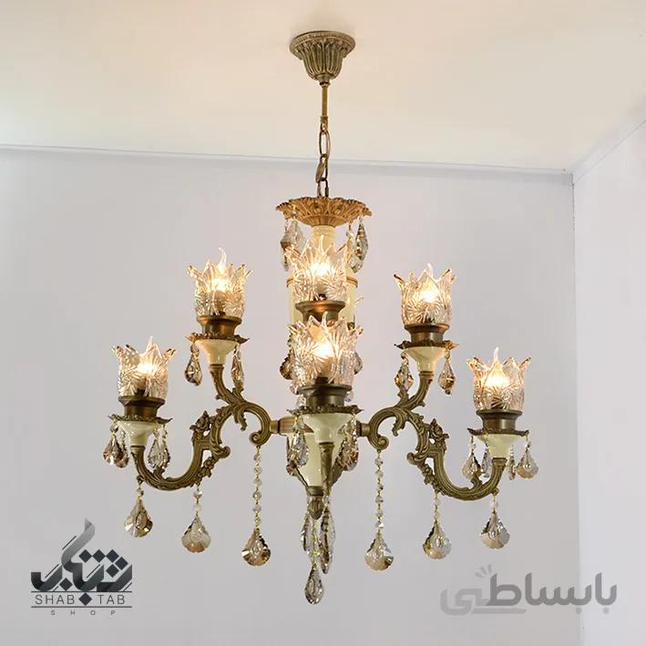لوستر آویز چهار شاخه هشت شعله نورسازان کد 716/4 آنتیک با جای لاله